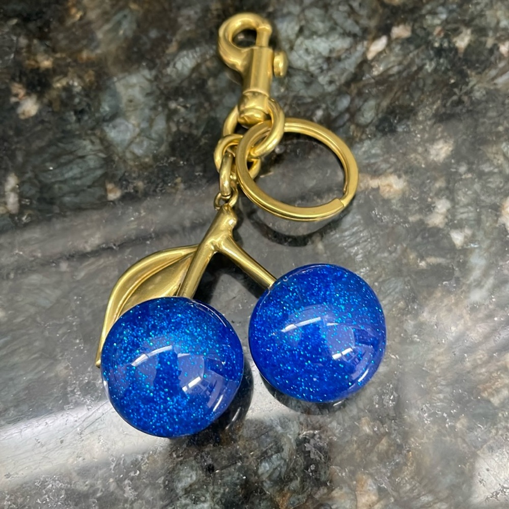 Blue Shimmery Double Cherries Brass Leaf Keychain & bag charm NIP